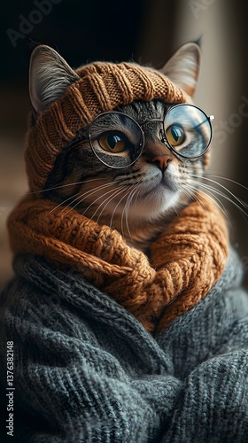 Charming Cat with Glasses Reviewing Book by Cozy Window photo