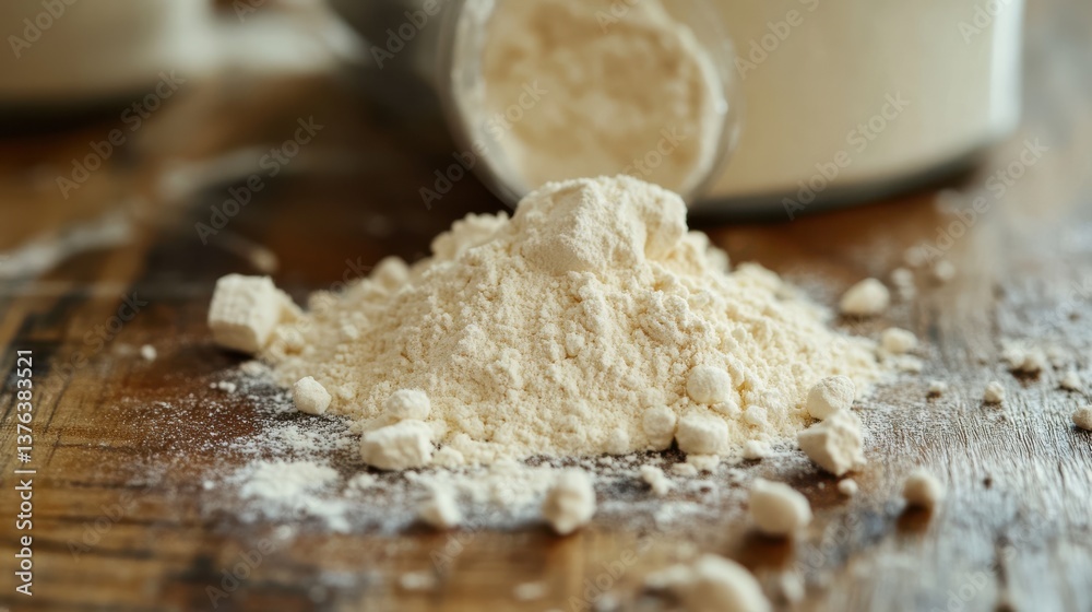 Whey Protein Powder Spread Across Wooden Countertop Whey Protein Powder Spread Across Wooden Countertop