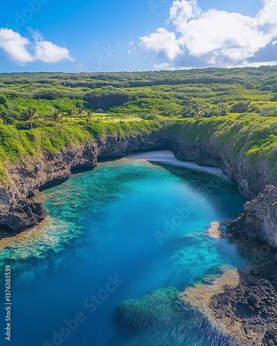 A breathtaking blue lagoon with crystal-clear turquoise waters surrounded by lush greenery or dramatic rocky cliffs.