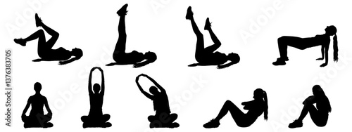 Woman practicing different yoga and pilates exercises silhouette, set. Vector illustration