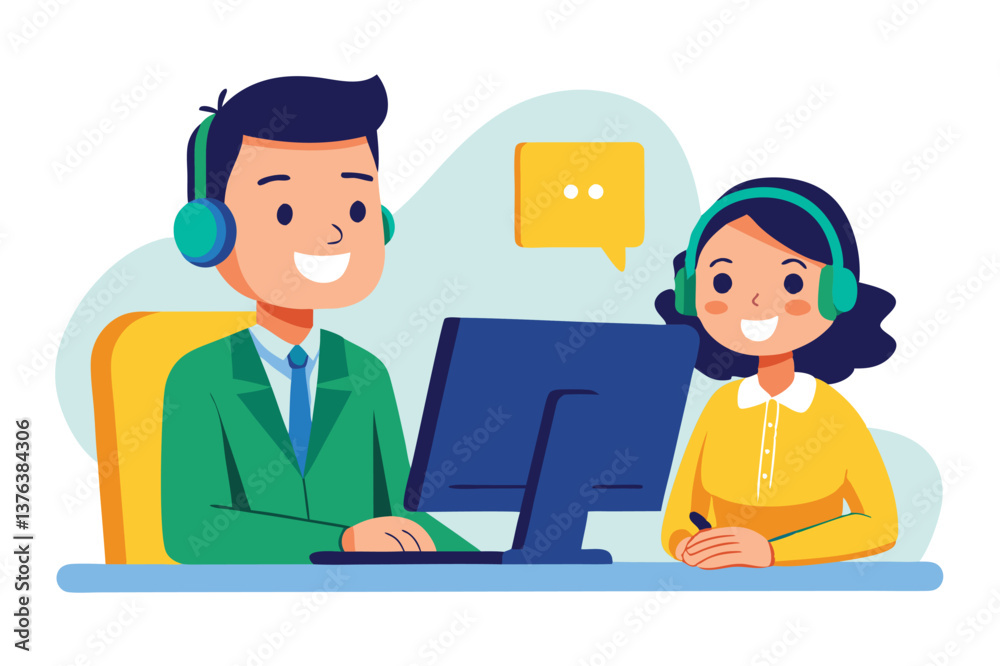Vector illustration of two customer service representatives working at a desk with a computer, engaged in conversation, in a bright office setting