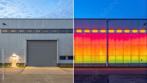 Obraz na płótnie Industrial Warehouse Exterior with Colorful Light Reflections at Dusk w salonie