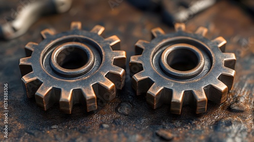 Two Rusty Metal Gears Close up Detailed Macro Shot Industrial Mechanical Parts
