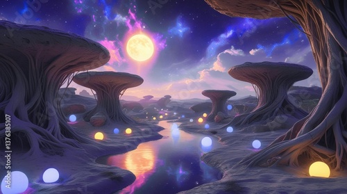 a stunning view of a fantasy world under the moonlight