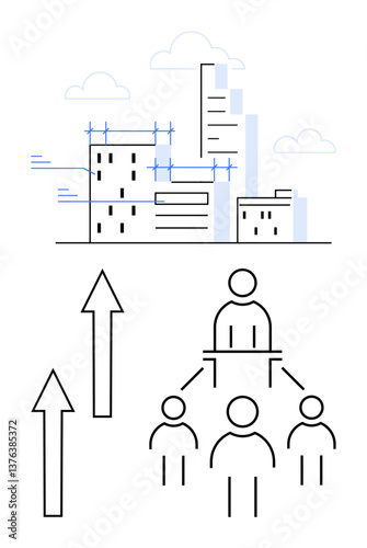 City buildings under construction with growth arrows and a hierarchical leadership chart. Ideal for teamwork, organization, planning, sustainability, leadership, innovation, progress. Clean flat