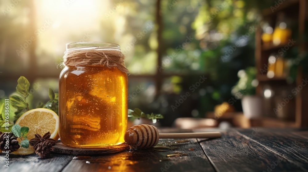 Golden Honey in a Glass Jar on Rustic Wooden Table with Lemon and Herbs Natural Sweetener for Healthy Lifestyle Golden Honey in a Glass Jar on Rustic Wooden Table with Lemon and Herbs Natural Sweetener for Healthy Lifestyle