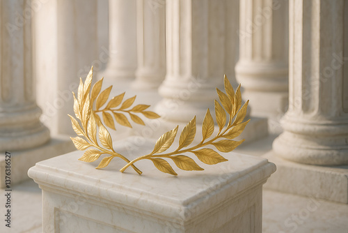 Golden Laurel Crown on Marble Pedestal
