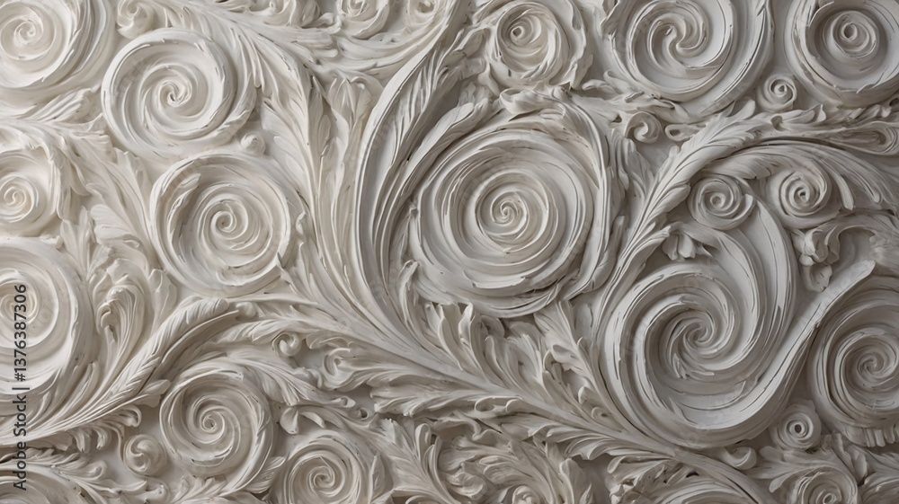 Intricate white plaster detailing featuring swirling floral patterns and ornate designs. Intricate white plaster detailing featuring swirling floral patterns and ornate designs.