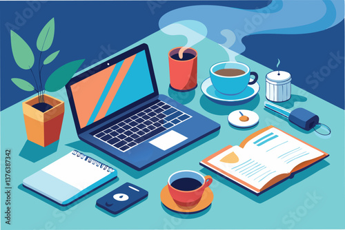 Modern workspace setup with laptop, coffee, and stationery for productive work hours