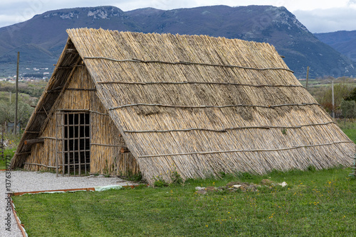 A reconstructed Neolithic hut with a thatched roof and wooden framework, showcasing ancient building techniques in a natural setting.