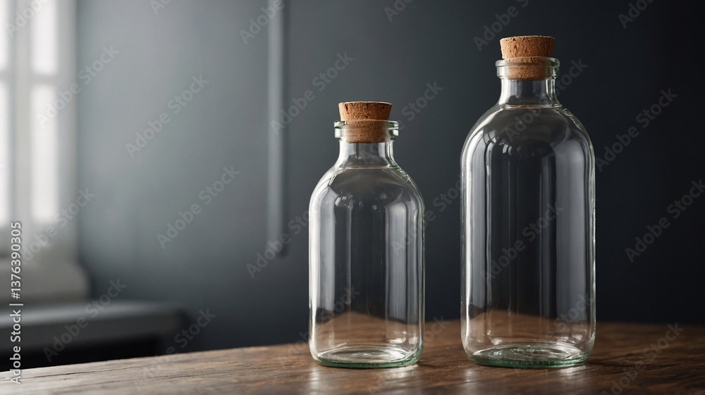 Two elegant glass bottles with cork stoppers on a wooden table against a textured dark wall. Two elegant glass bottles with cork stoppers on a wooden table against a textured dark wall.