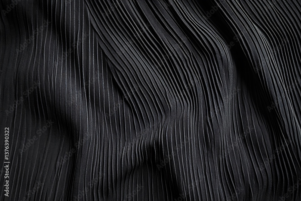 Fototapeta premium Black abstract fabric background. Dark gray corduroy texture background. Ribbed fabric with soft folds background. Black elegant background with copy space for your design