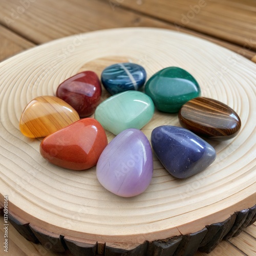 Assorted Chakra Stones Tumbled Healing Crystals on Round Wooden Stand Background