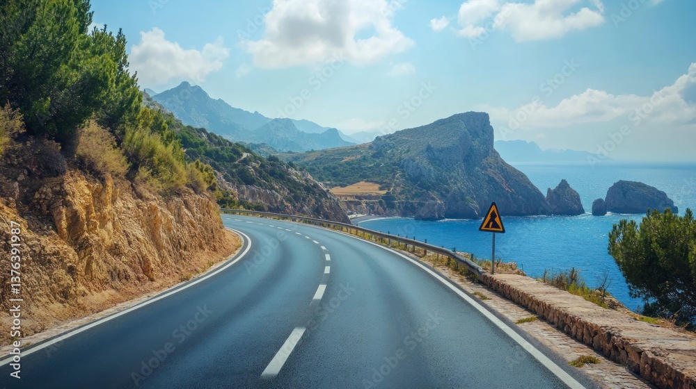 Obraz premium Driving Scenic Coastal Road on Mallorca Island Under Summer Blue Sky