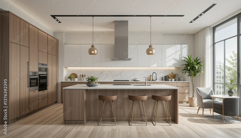 Fototapeta premium A modern kitchen with wood grain cabinets, marble backsplash, a kitchen island with bar stools, and a sitting area with a window view.