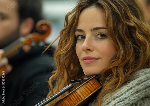 Woman playing violin outdoor concert