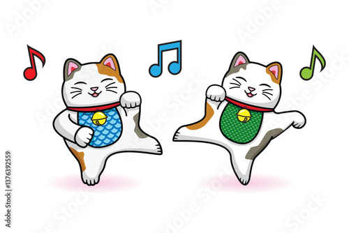 Twin Cute smiling Japanese lucky cat called Maneki Neko in dancing action background  with music note symbols drawing in colorful cartoon vector