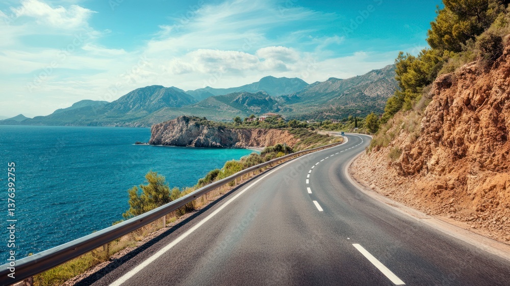 Driving on Coastal Road with Ocean View and Mountain Landscape Scenery Driving on Coastal Road with Ocean View and Mountain Landscape Scenery