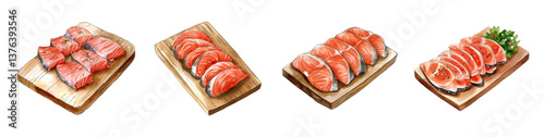 Watercolor set of boards with slices of red fish. Pieces of salmon, trout, pink salmon and other fish on a wooden board for cooking. Watercolor seafood.
