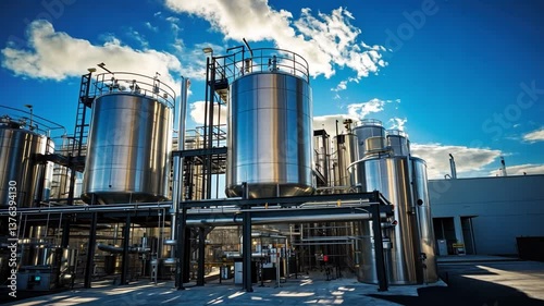Modern Industrial Facility with Steel Storage Tanks, Pipes and Machinery Under Clear Blue Sky during Sunset with Dramatic Cloud Formation