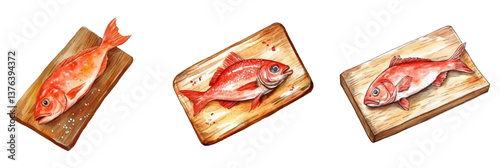 Watercolor set of fish for cooking on a wooden board. Red whole fish for cooking on a wooden board. Watercolor seafood. Vector illustration.