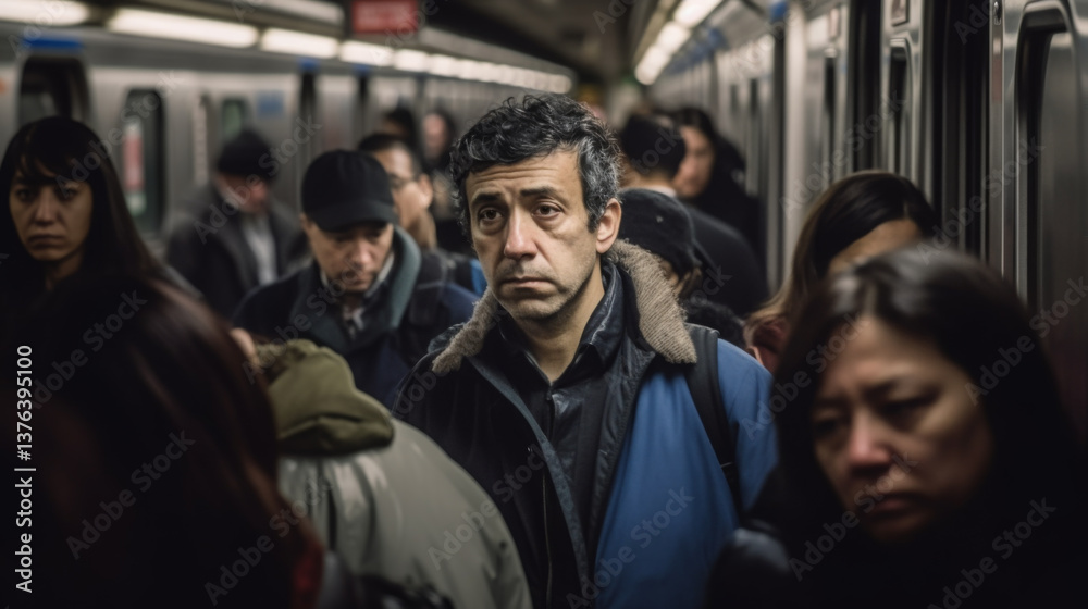 Man in a Crowded Subway During Daily Man in a Crowded Subway During Daily