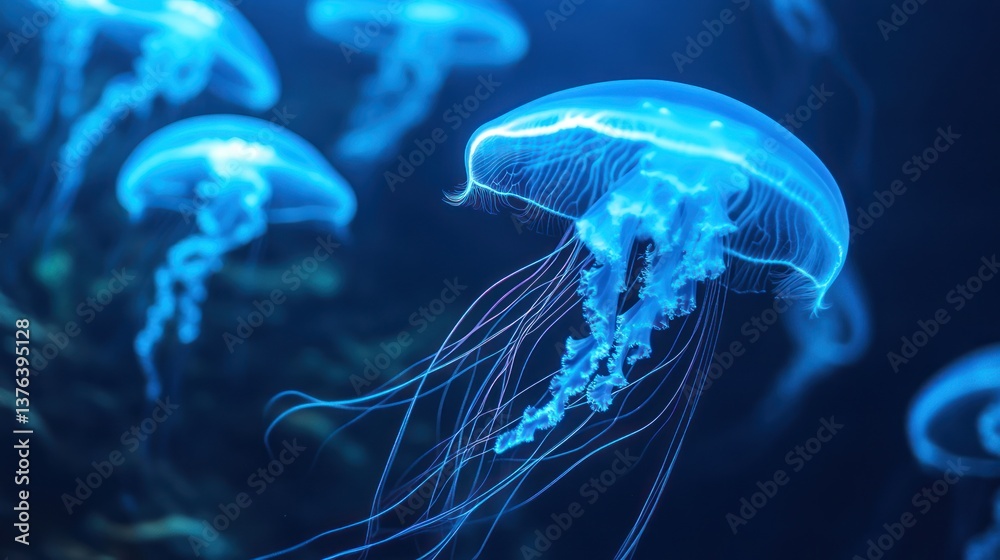 Fototapeta premium Glowing blue jellyfish gracefully swimming through dark mysterious ocean water