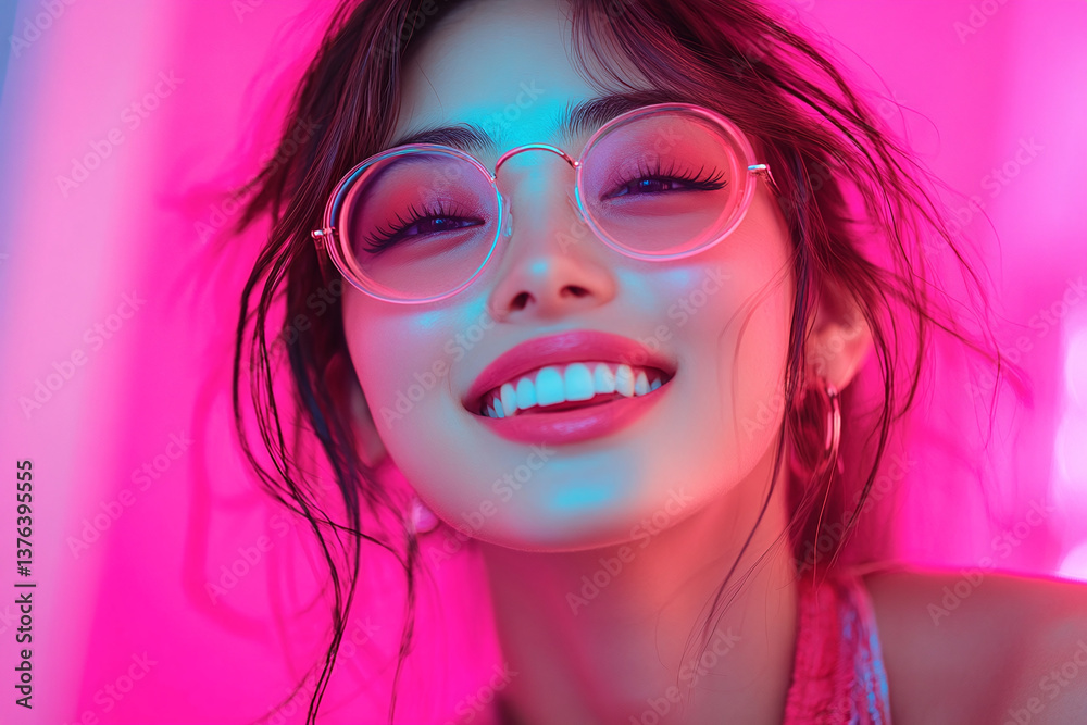 Portrait of elegant smiling and very beautiful Asian fashionable woman around colorful bright neon lights background Portrait of elegant smiling and very beautiful Asian fashionable woman around colorful bright neon lights background