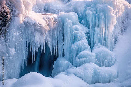 Frozen waterfall with long icicles cascading down, a blue and white winter wonderland, captured in a serene and icy landscape.