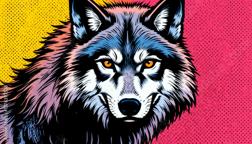 Wolf portrait illustration with fierce expression on colorful pop art background