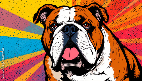 Bulldog portrait illustration with playful expression on vibrant pop art background
