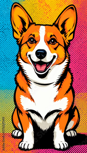 Corgi dog portrait illustration with smiling expression on vibrant pop art background