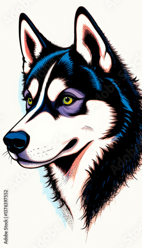 Siberian Husky portrait illustration with striking expression on white background