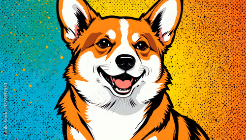 Corgi dog portrait illustration with happy expression on colorful pop art background