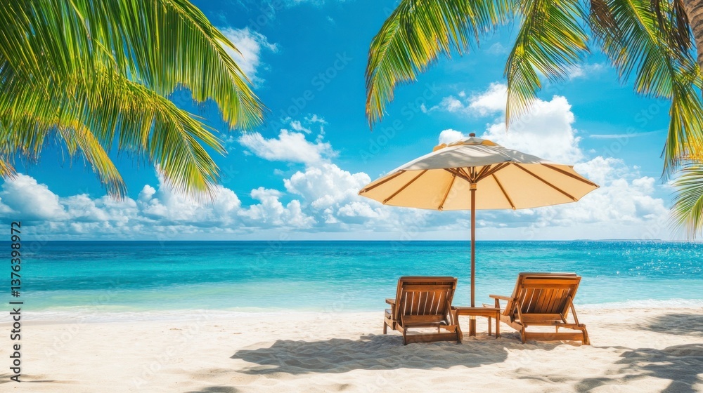 Fototapeta premium Tropical Beach with Lounge Chairs and Umbrella Under Palm Trees