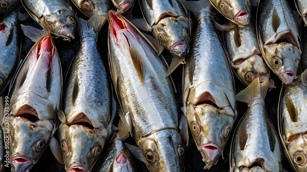 Obraz premium A close-up view of freshly caught fish, showcasing their silvery scales and open mouths, creating a striking marine display.
