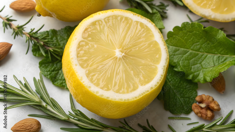 Fresh lemon cut in half, surrounded by herbs and nuts, creating vibrant and natural composition Fresh lemon cut in half, surrounded by herbs and nuts, creating vibrant and natural composition