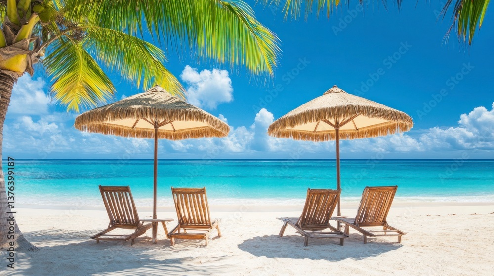 Fototapeta premium Beach Chairs and Umbrellas on a Tropical White Sand Beach