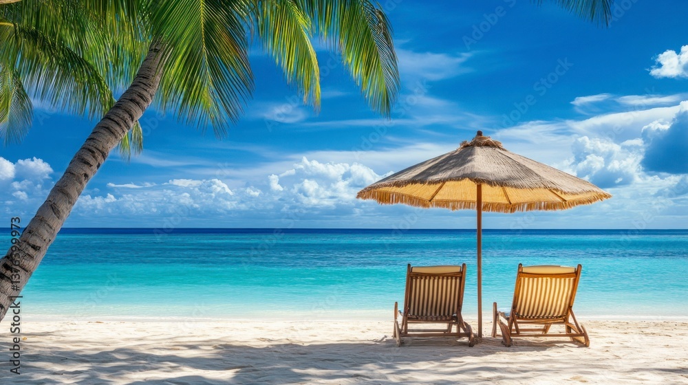 Fototapeta premium Relaxing Beach Chairs Under Umbrella with Palm Trees and Blue Sky
