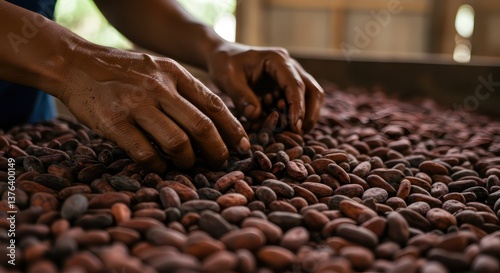 Hands sorting cocoa beans with farm.