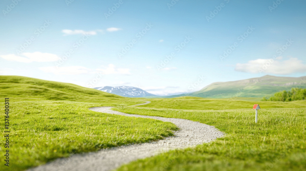 Obraz premium serene landscape with winding path leading through lush green fields and distant mountains under clear blue sky