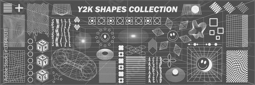 Abstract geometry hud wireframe shapes and patterns, cyberpunk elements, icon s and perspective grid s. Surreal geometric signs. Rave psychedelic futuristic Y2k acid aesthetic set. Vector illustration