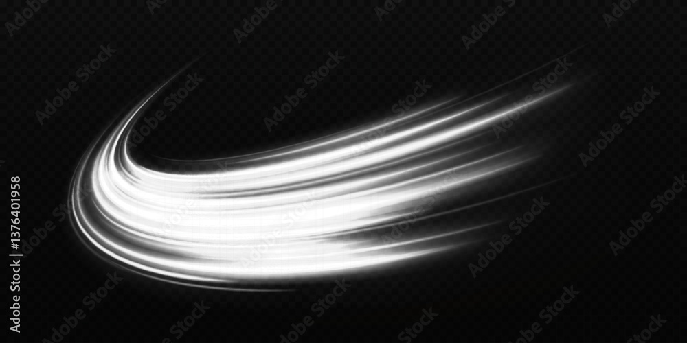 Magic sparkling trails of comet. Luminous lines on transparent background. High-speed light trails effect. Shining wavy comet with motion effect.