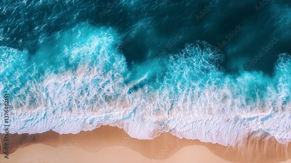 Obraz premium Aerial Beach Scene Ocean Waves Crashing on Sandy Shoreline View
