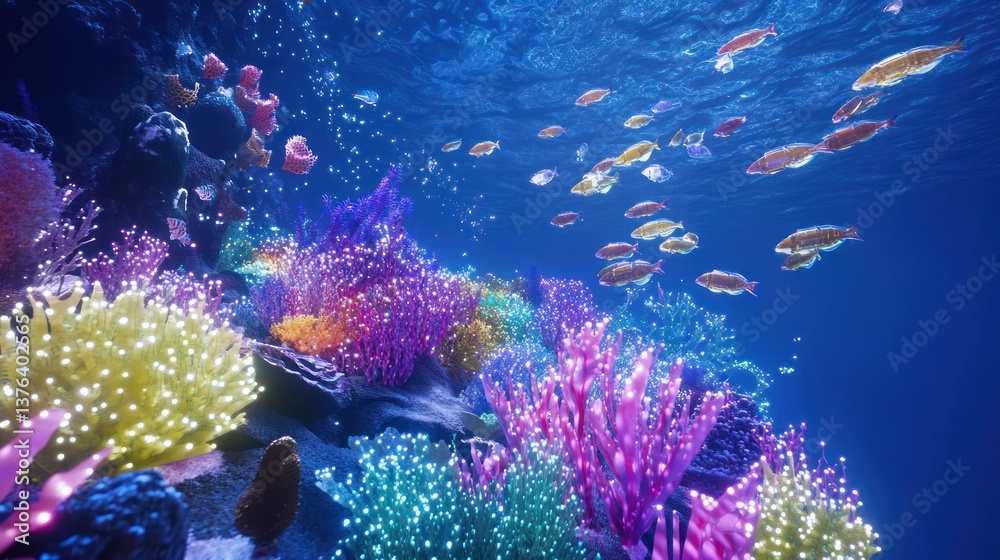 Obraz premium Underwater scene featuring fish swimming among colorful coral formations