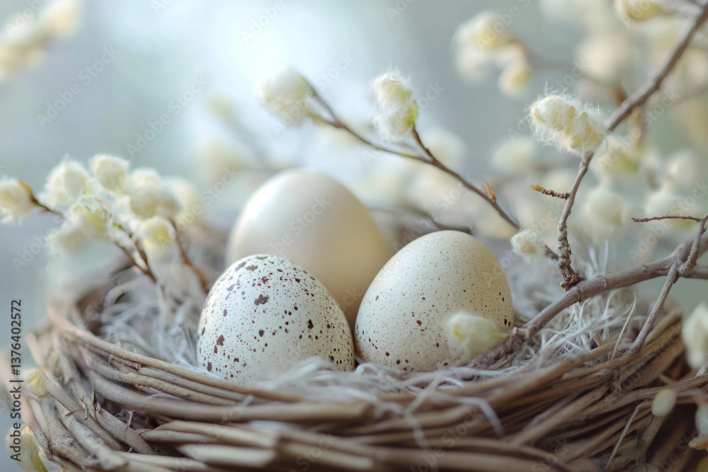 Obraz premium Blooming Willow Branches and Easter Painted Eggs in a Rustic Wicker Basket, Festive Spring Paschal Celebration, Generative AI