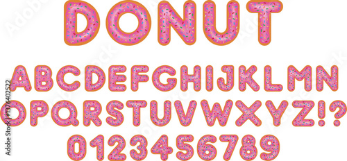 dontut font. donut in the shape of alphabet letters and numbers. pink doghnut letters and numbers