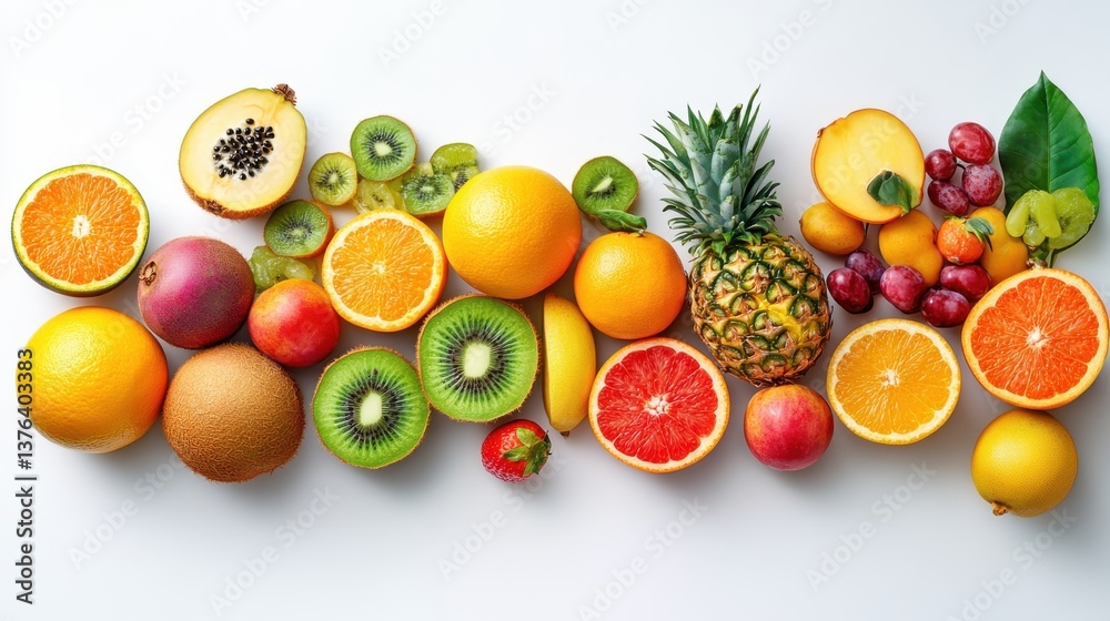 Overhead composition of a colorful variety of exotic tropical fruits isolated on a bright background Overhead composition of a colorful variety of exotic tropical fruits isolated on a bright background