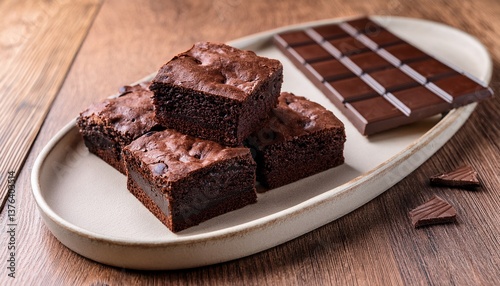 Chocolate brownies on a ceramic tray on wooden table. Generated image