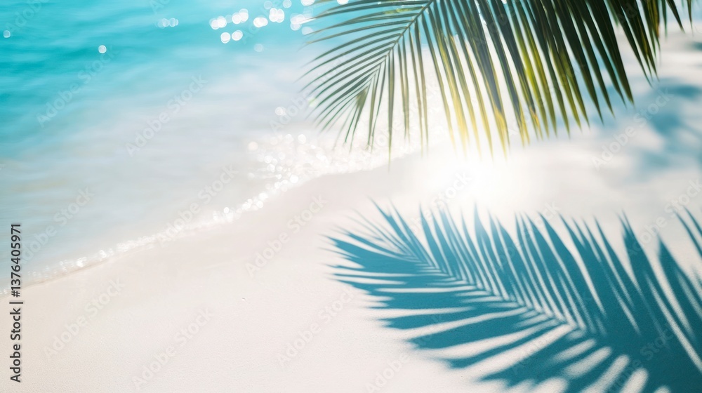 Fototapeta premium Tropical Beach with Palm Leaves Casting Shadow on Sand at Shore